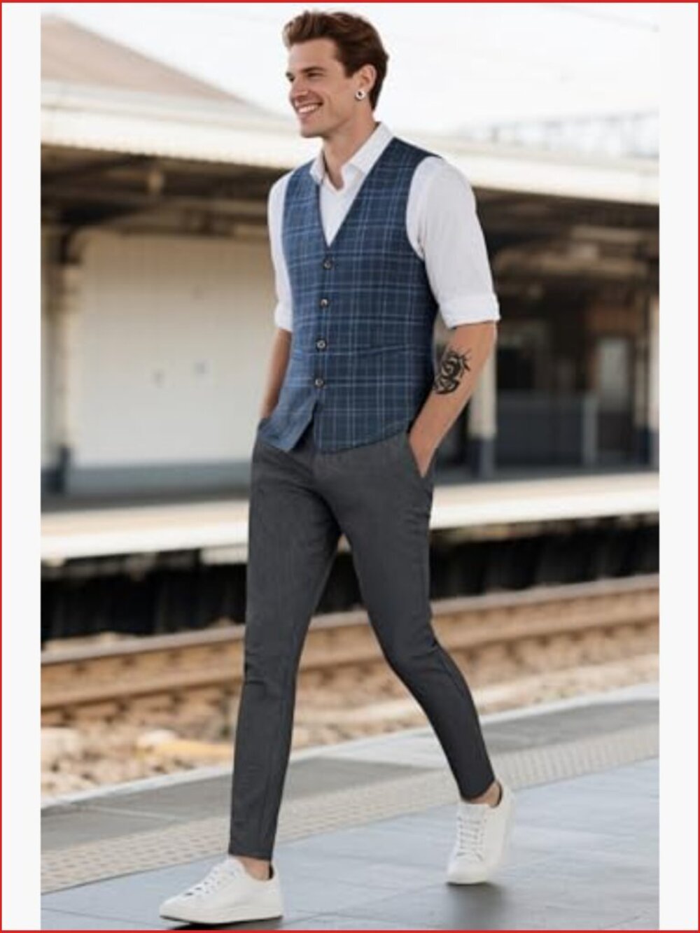 Skinny Dress Pants Plaid Chino for Men - Picture 7 of 7